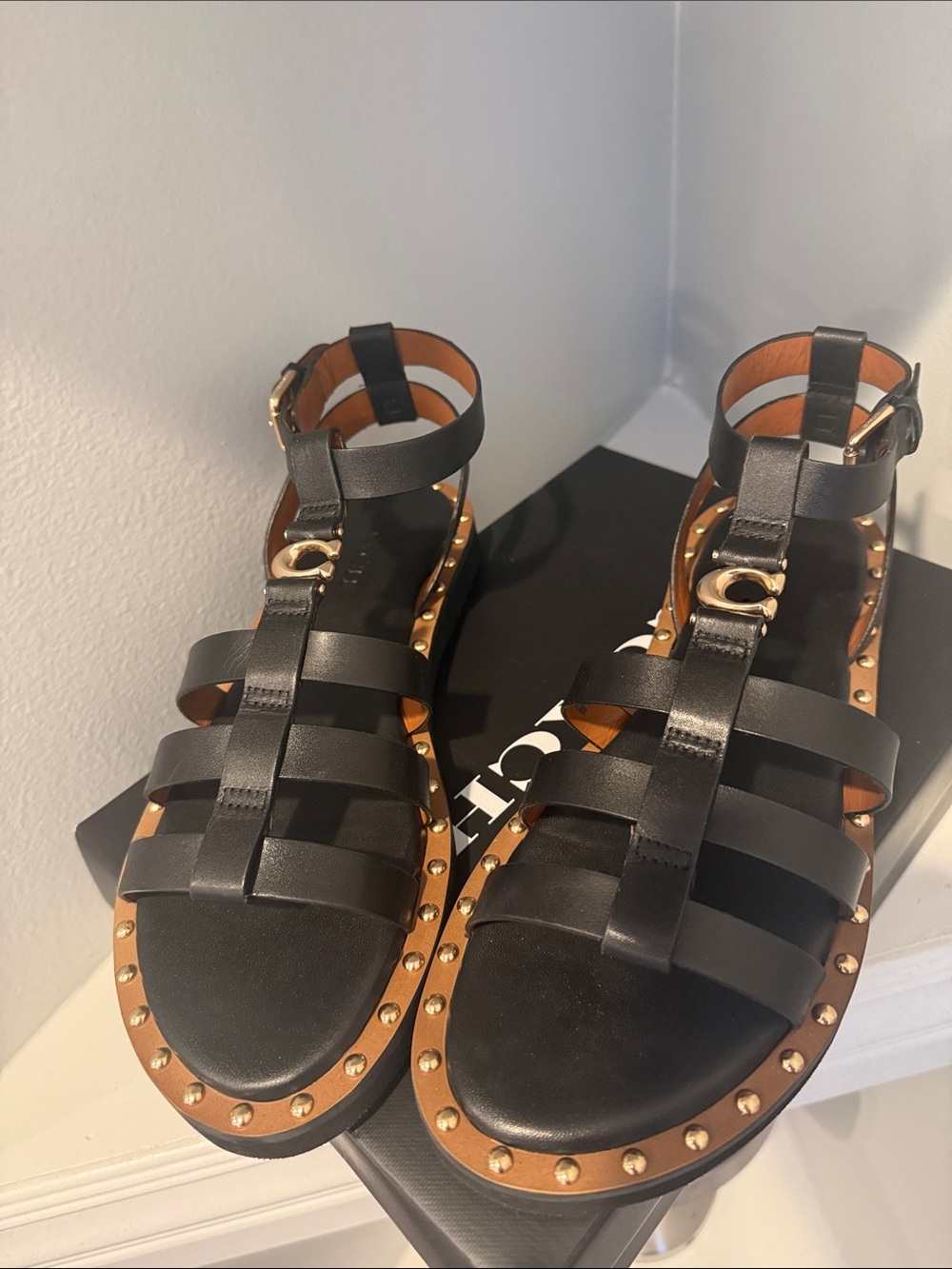 Coach Black Leather Studded Gladiator Sandals